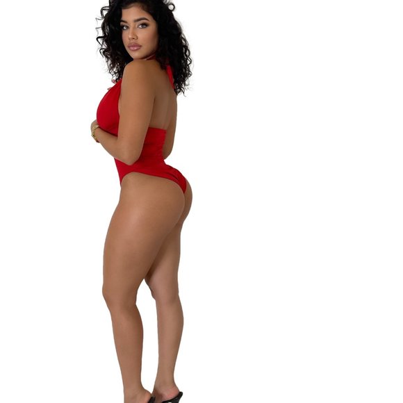 One Piece Solid Red Swimsuit - Picture 5 of 6